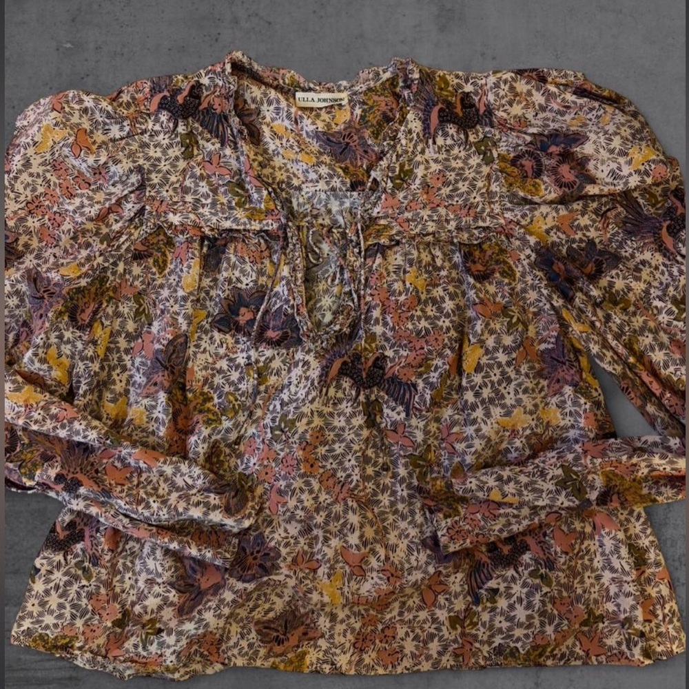 Ulla Johnson Remy Floral Puff Sleeve Open V Neck Tie Front Blouse Size 10 - Picture 5 of 8